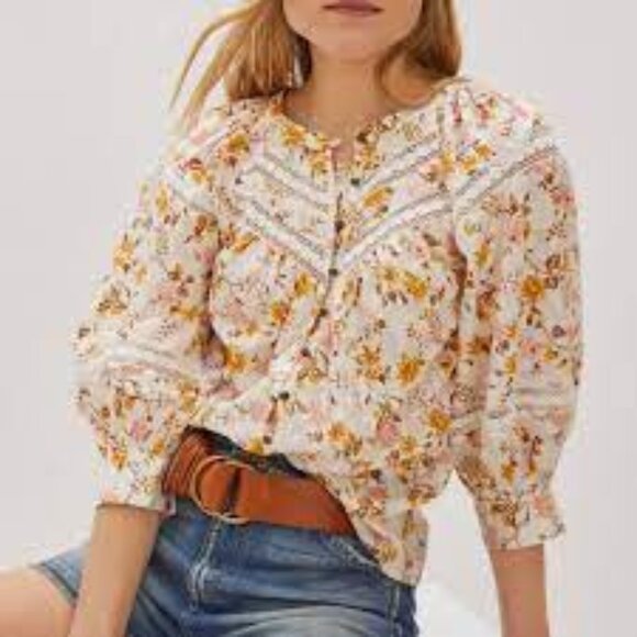 ANTHROPOLOGIE Harmony Blouse Lace Peasant Cottagecore Floral 100% Cotton Large - Picture 1 of 9